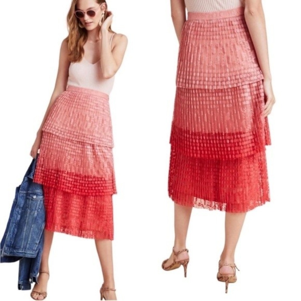 Anthropologie Brighton Tiered‎ Midi Maeve Skirt Pink Red Ombre
